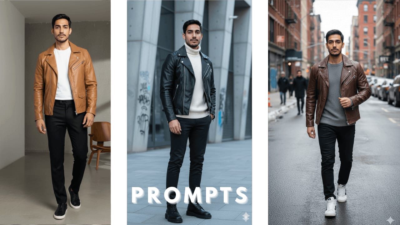 Leather jacket AI photo editing prompt result showing sharp facial details and natural lighting