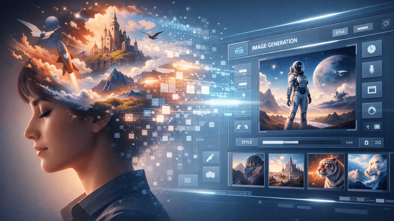 AI image generation guide showing how AI creates images using text prompts