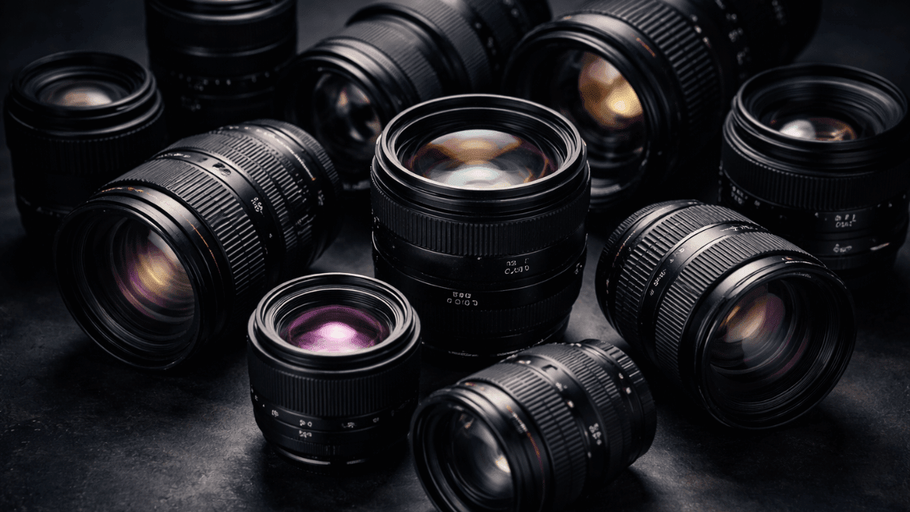 Different camera lenses arranged artistically for AI image generation guide