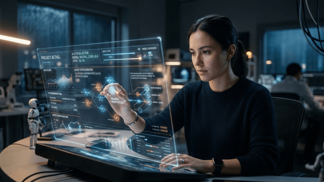 A person adjusting settings on a futuristic AI interface to customize prompts for realistic AI image generation."