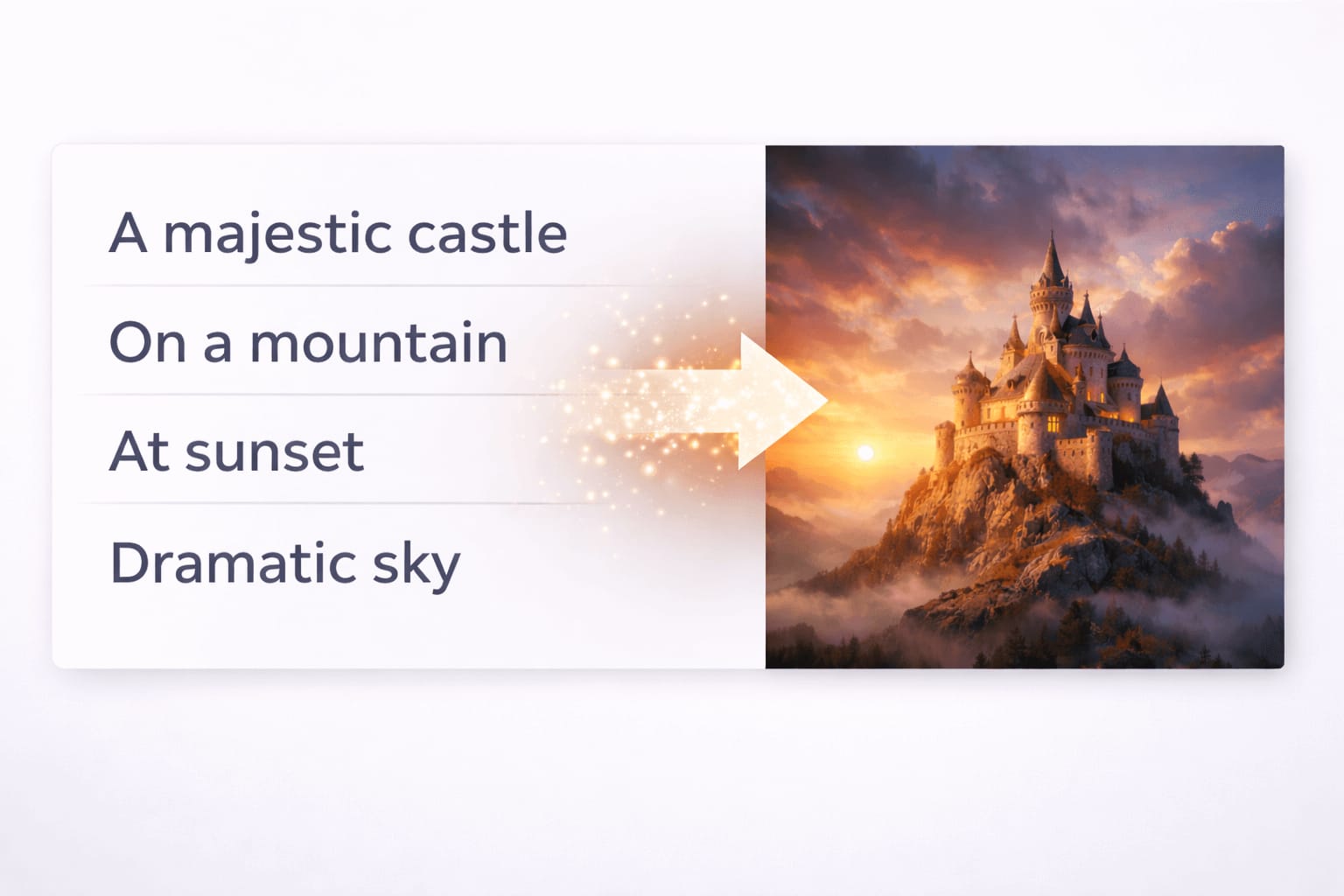 Text to image AI process showing text transforming into an AI generated image