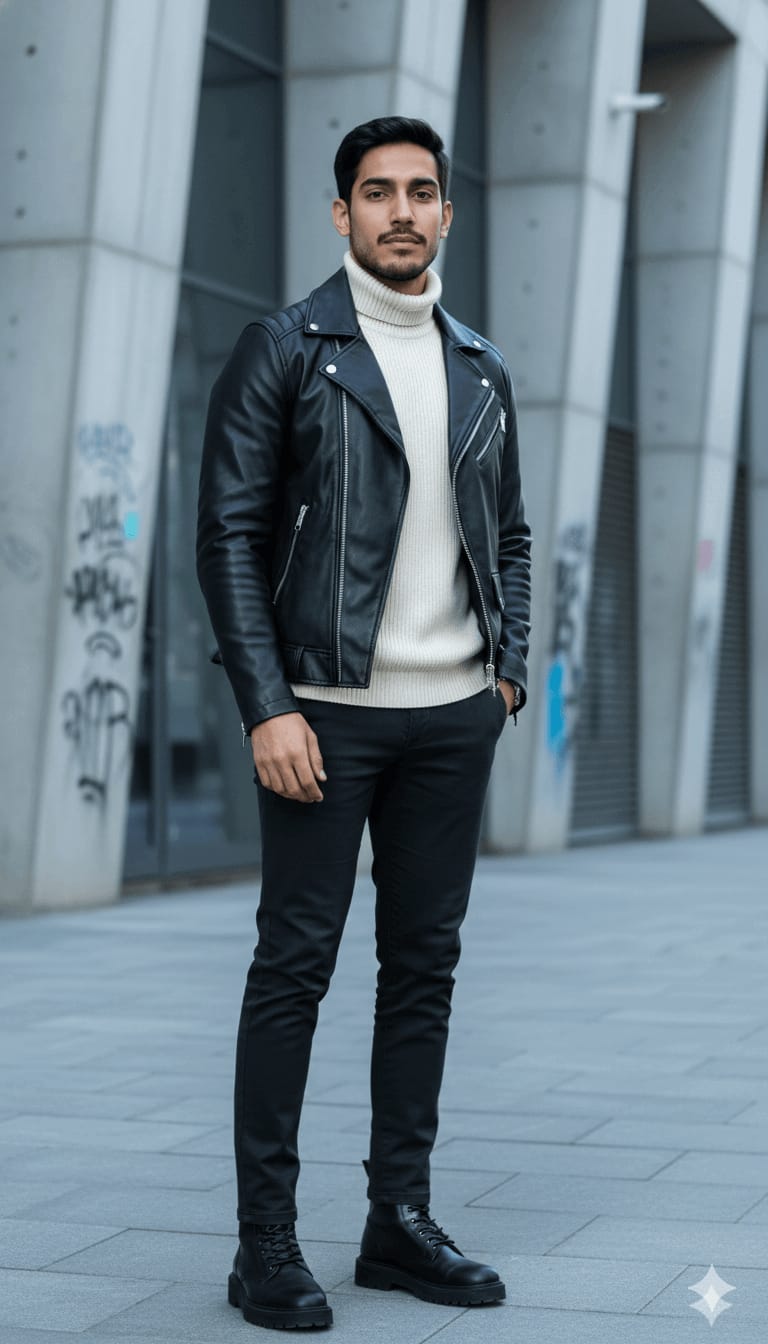 Urban Editorial Stand – Black Leather Jacket