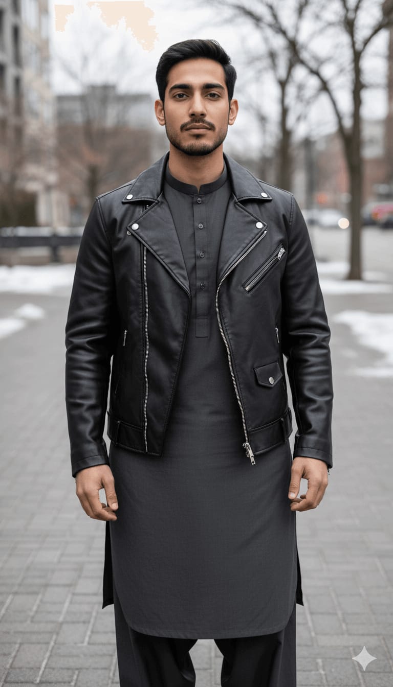 Shalwar Kameez + Leather Jacket (Modern Ethnic)