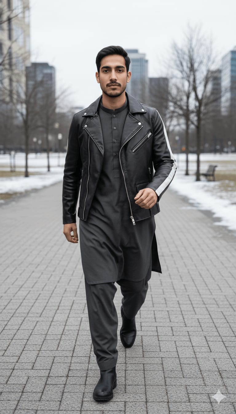 Walking Ethnic Look – Shalwar Kameez + Sporty Leather Jacket