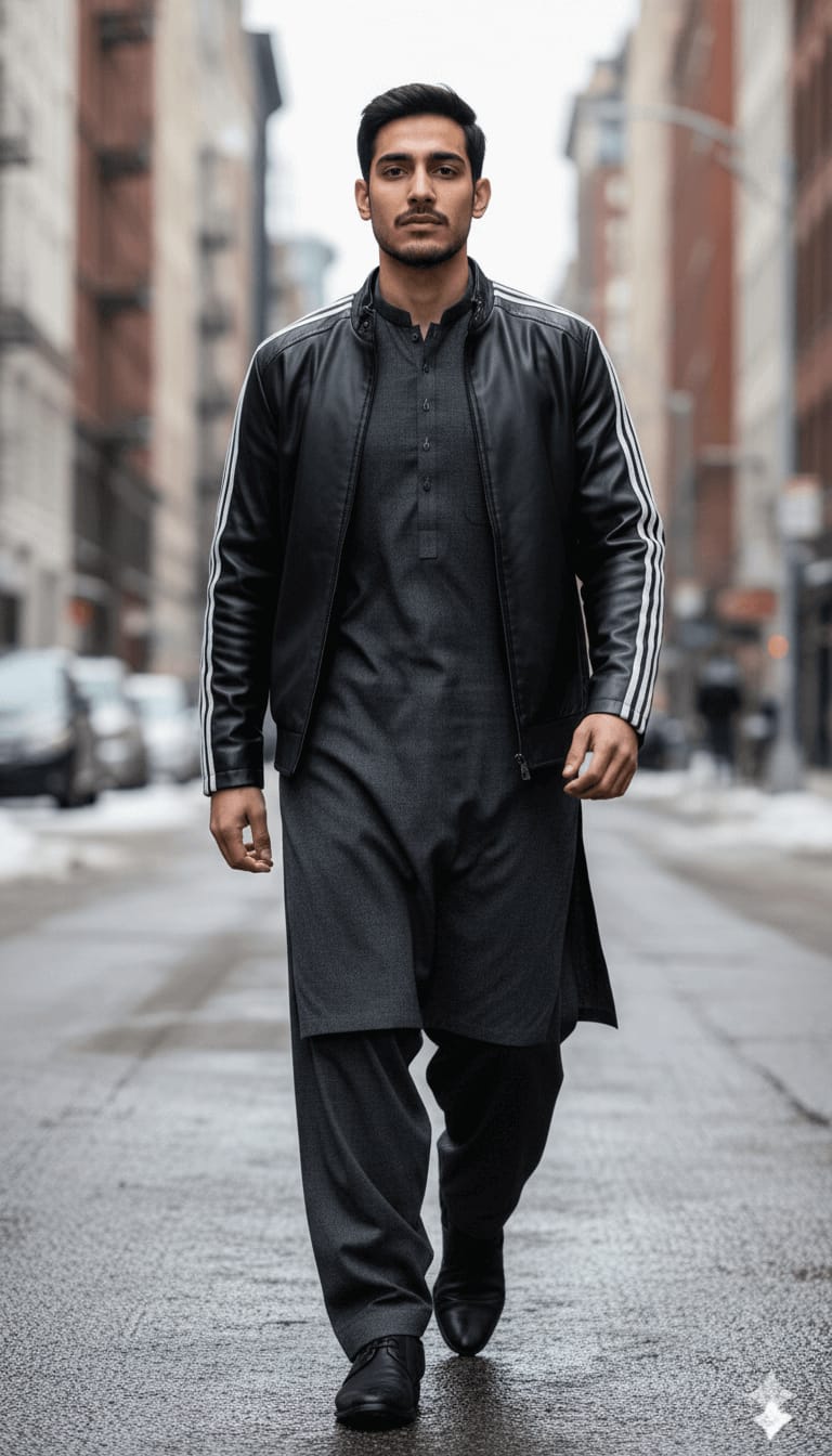 Winter Shalwar Kameez + Sport Leather Jacket