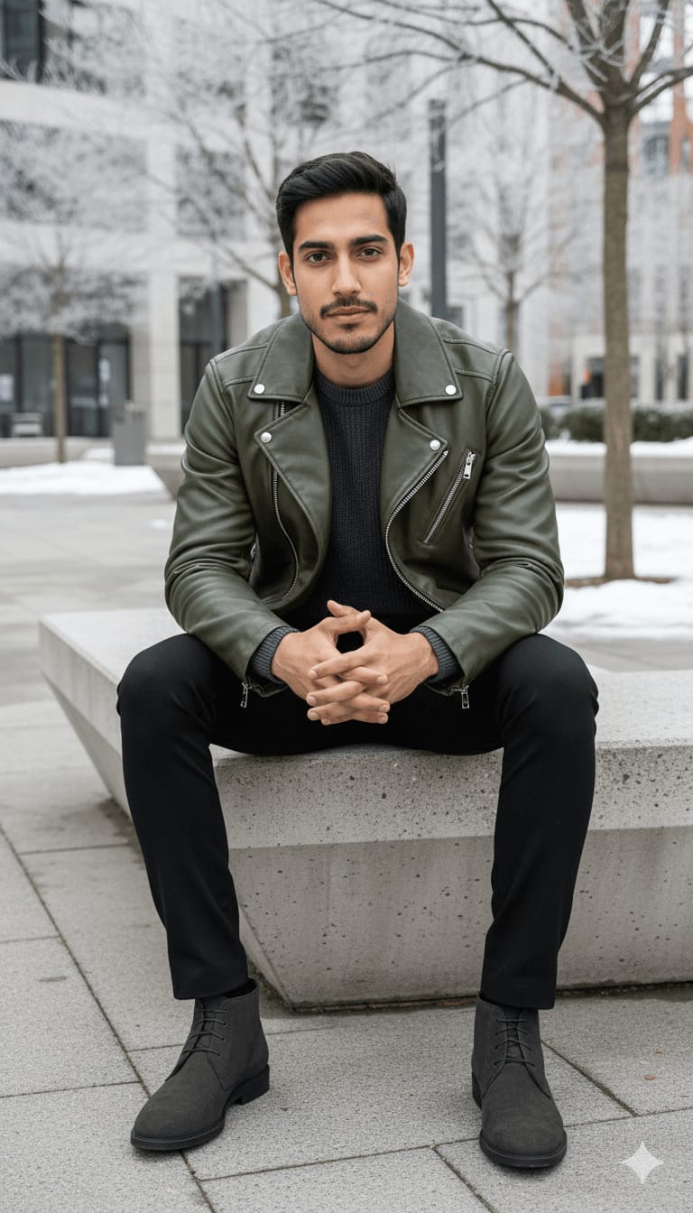 Casual Editorial Sit – Olive Leather Jacket