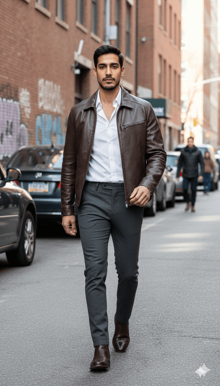 Walking Editorial Street Look (Leather Jacket)