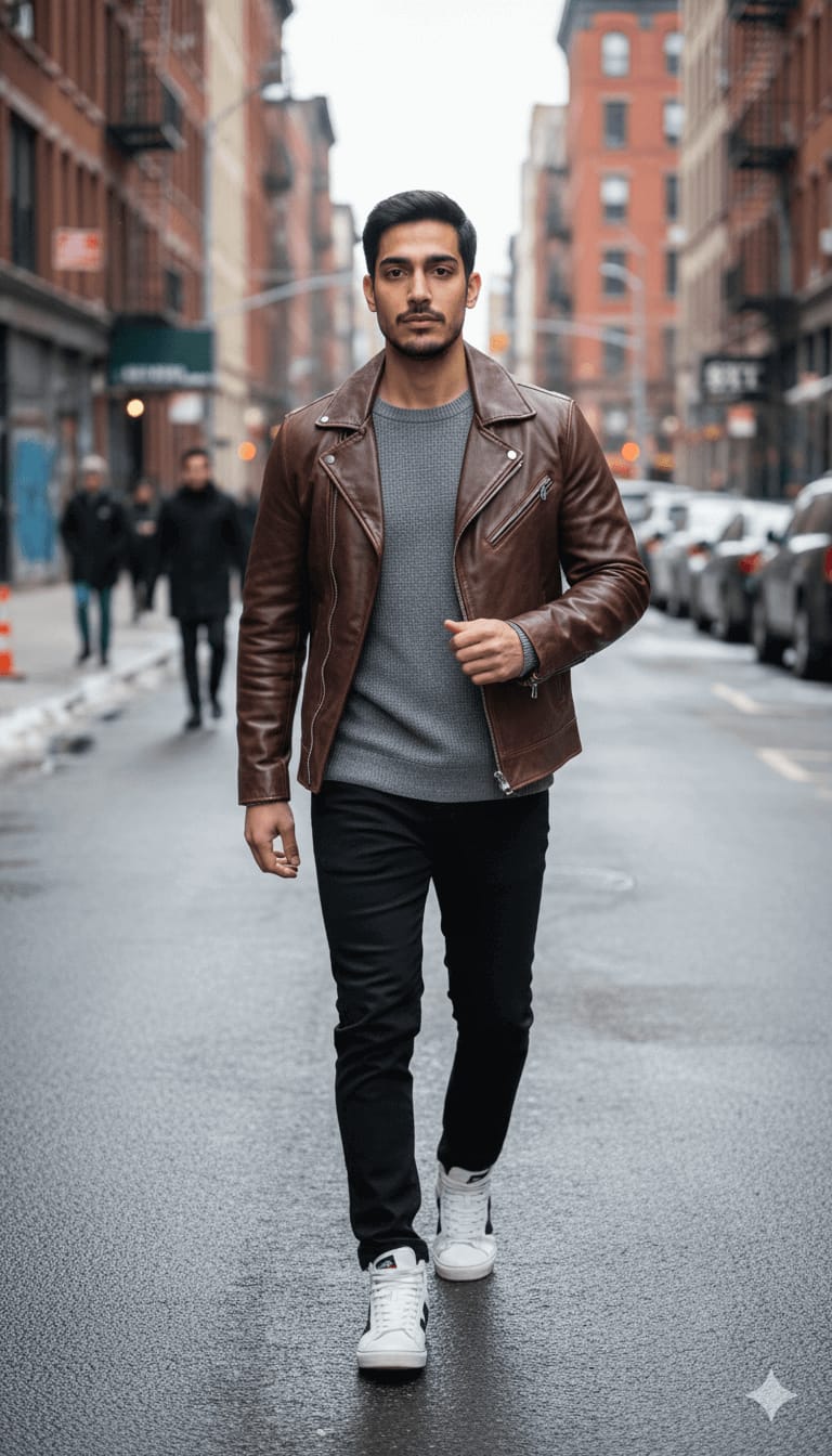 Walking Fashion Shot – Brown Leather Jacket