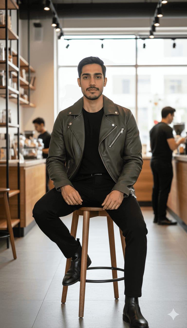 Seated Modern Cafe Editorial (Leather Jacket)