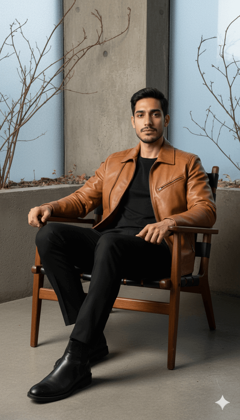 Seated Editorial Pose – Tan Leather Jacket