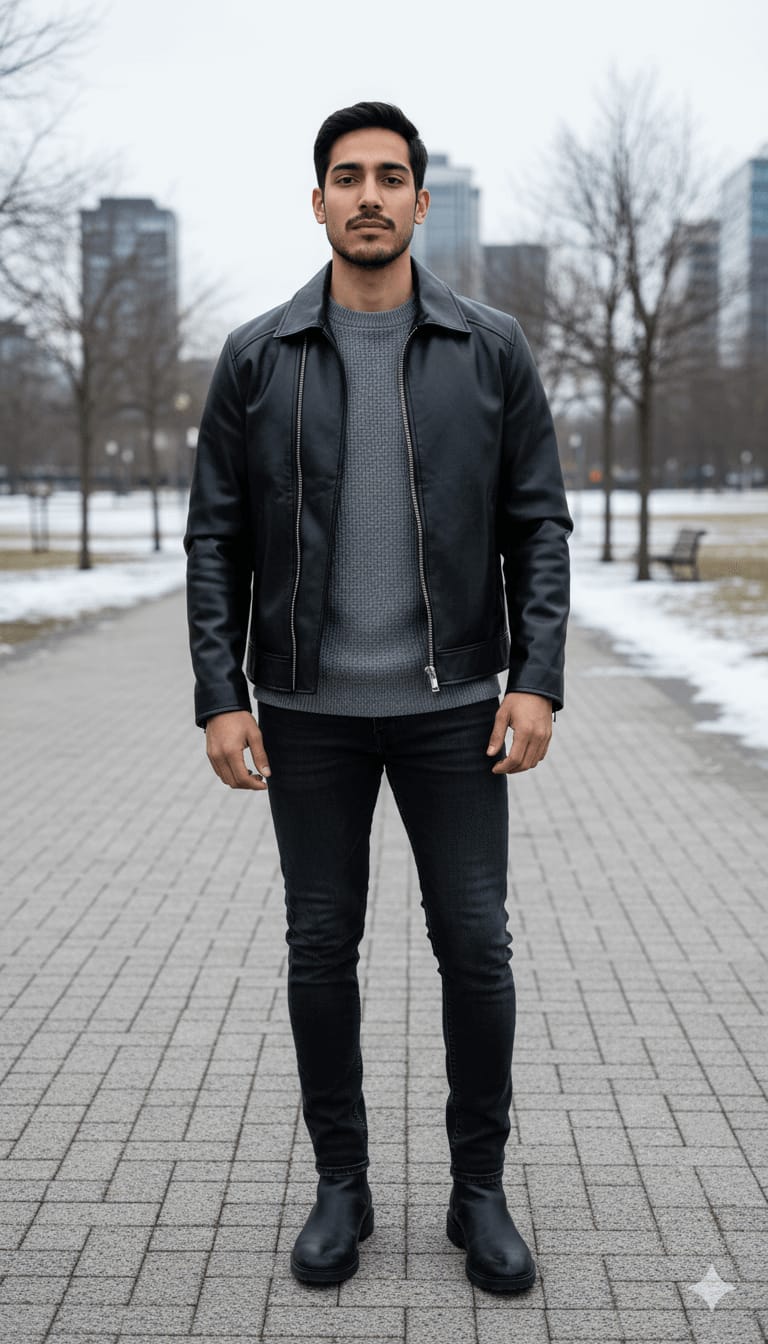 Winter Outdoor Standing Look (Leather Jacket)