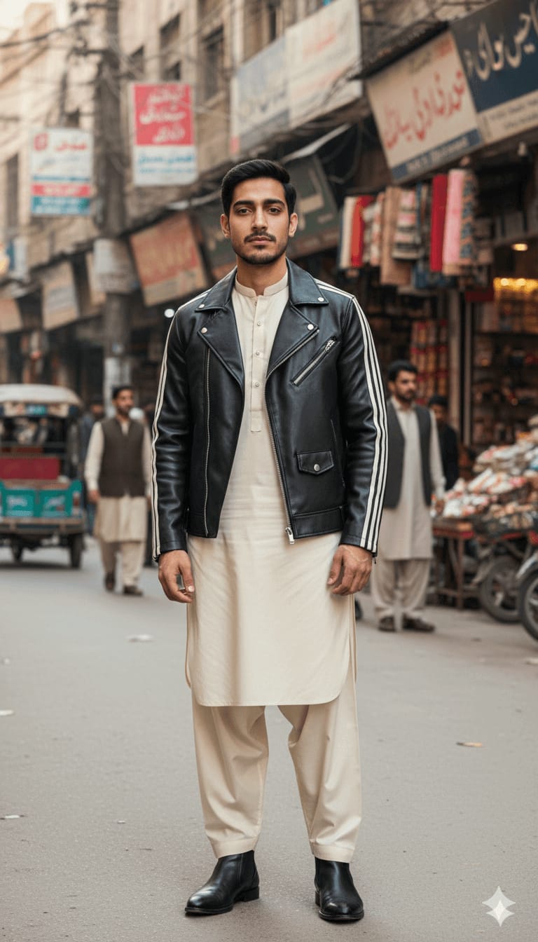 Shalwar Kameez + Leather Jacket (Ethnic Modern Fusion)