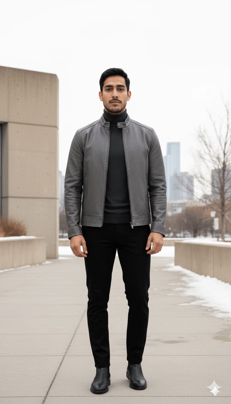 Winter Minimal Look – Grey Leather Jacket