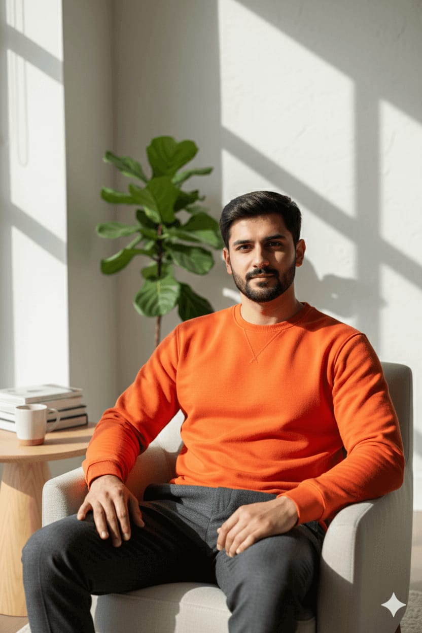 Orange Sweatshirt Window Light (Face-Locked)