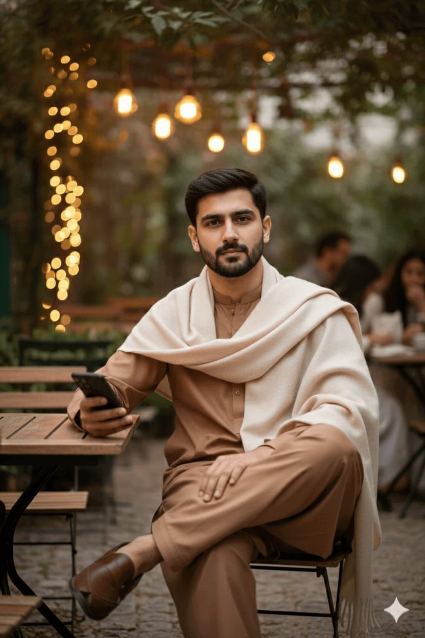 Traditional Shalwar Kameez Café Scene (Face-Locked)