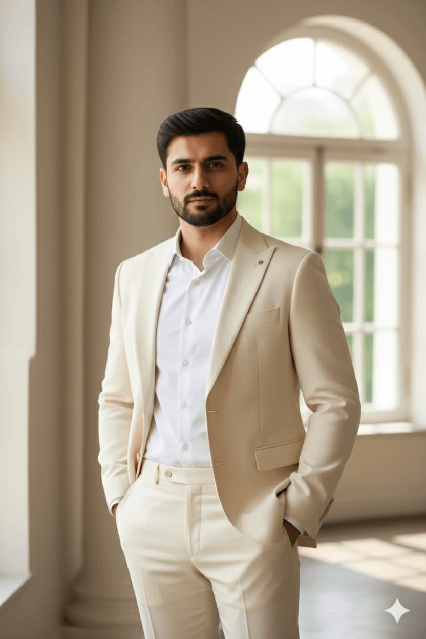 Cream Formal Suit Editorial (Face-Locked)