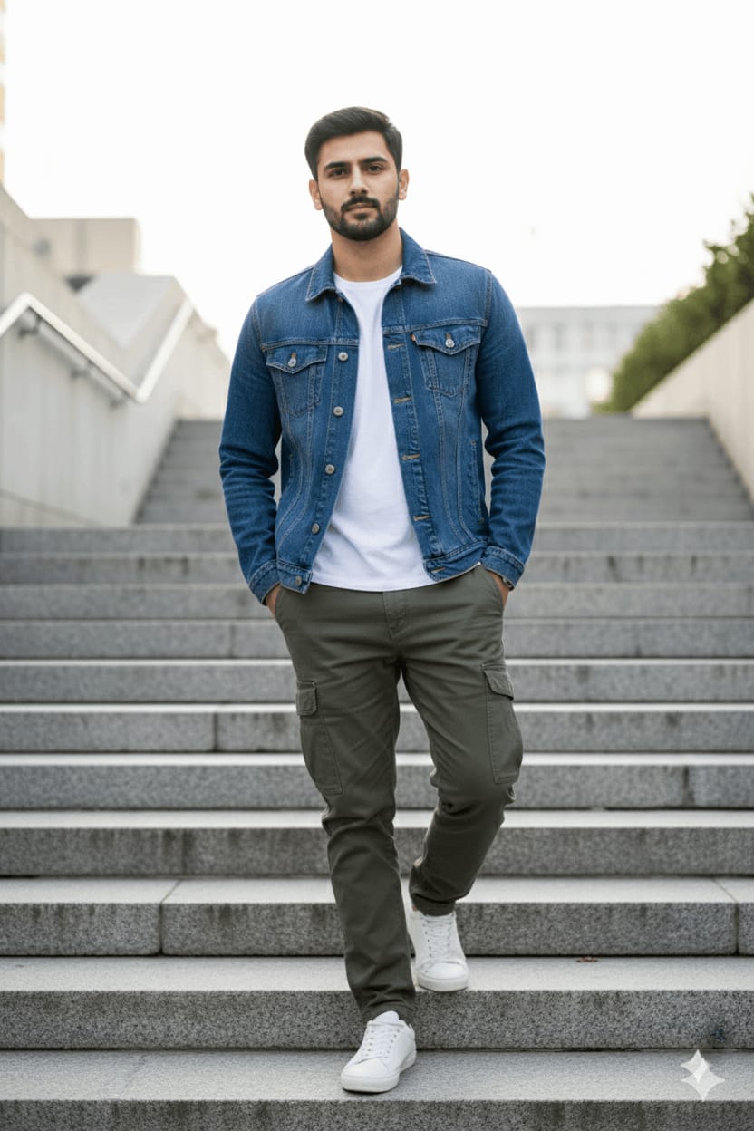 Denim Jacket with White T-Shirt (Face-Locked)
