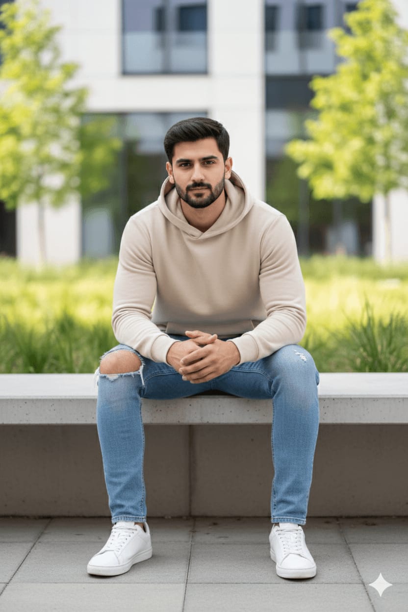 Beige Hoodie Sitting