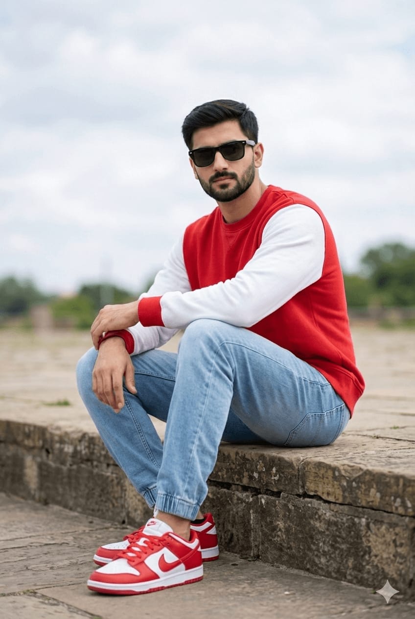 Red Sweatshirt Outdoor Sitting